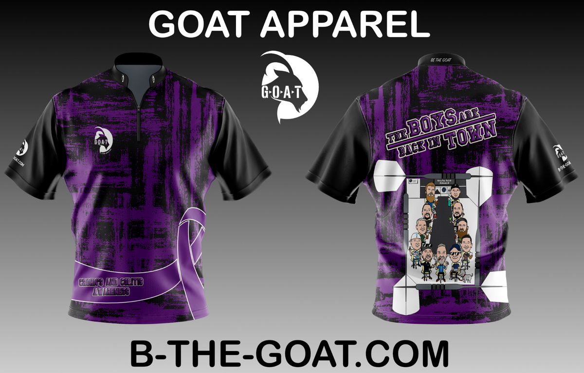 THE BOYS ARE BACK purple black stand up collar dart jersey front and back